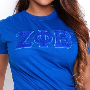 Solide Zeta Phi Beta Chenille Tee Bleu avec Lettres Grecques Brodées Sororité Vêtements Coton Collégiale Femmes Mode Chemise - Product Image 3
