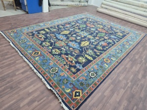 9x12 ft Quick Ship Turkish Inspired Oushak Rug Abstract Design High Quality Cut Pile Handmade Persian Wool <b>Dark</b> Blue 1 Piece - Product Image 6