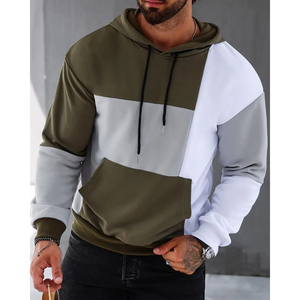 Patchwork bloc de couleur avec poche kangourou hommes décontracté couleur unie légèrement extensible cordon couleur unie pull à capuche à capuche - Product Image 5