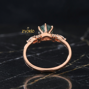 Anillo de Compromiso de Oro de 10K con Ágata Musgosa Verde Natural, Anillo con Detalle de Hoja y Diamantes, Anillo de Promesa Único para Mujer - Product Image 5