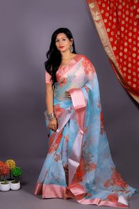 Saree de organza pesada con estampado floral blanco, trabajo para mujer - Product Image 3