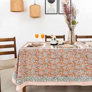 Handmade Salmon Pink Pomegranate Pattern Floral Cotton Tablecover Block Printed <b>Rectangle</b> <b>Tablecloth</b> Indian Style for Home Decor - Product Image 2