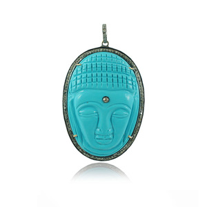Pierre Turquoise naturelle 925 argent diamant sculpté pendentif bouddha avec chaîne oxydée collier bijoux en or 14k - Product Image 4