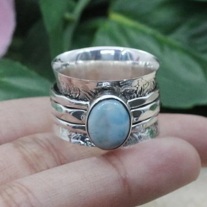 Anillo de Larimar de corte ovalado clásico de Plata de Ley 925 hecho a mano, piedras preciosas naturales, compromiso, aniversario, boda, bisel, anillos finos - Product Image 5
