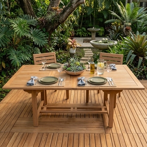 <b>Outdoor</b> Solid Teak Wood <b>Extendable</b> Rectangular <b>Dining</b> <b>Table</b> Slatted Top Pedestal Leg Patio Setup Art Design Decor <b>Table</b> - Product Image 5