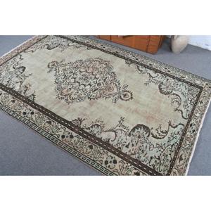 Turkish Vintage Large Rug 5.3x8.3 ft, <b>Brown</b> Gray Check <b>Wool</b> Rug - Product Image 4