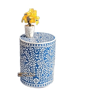 Indian Bone Inlay Furniture Antique Bone Inlay Bed Side Table Bone Inlay Round Design Design Resin <b>Work</b> Side <b>Stool</b> in Blue Color - Product Image 1