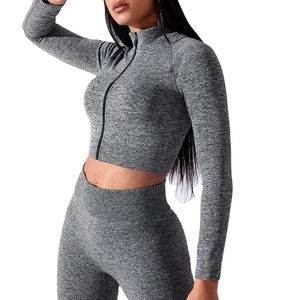 Ensemble de yoga sans couture personnalisé pour femmes, haut court à manches longues et fermeture éclair, pantalon de fitness taille haute - Product Image 2