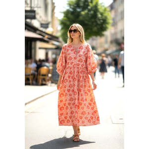 Vestido Largo de Algodón con Estampado Floral Naranja para Fiestas de Verano - Product Image 1