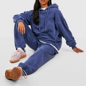 Fabricante otoño personalizado bordado gota hombro 2 piezas conjunto joggers pantalones sudadera con pantalones de chándal sudaderas con capucha en blanco de gran tamaño - Product Image 6