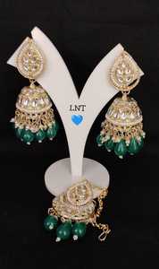 INDIAN TRADITIONAL and <b>FASHIONABLE</b> LATEST DESIGN WITH PEARL <b>EARRINGS</b> <b>CHANDELIER</b> <b>EARRINGS</b> MANGTIKKA SET for WOMEN and GIRLS - Product Image 3
