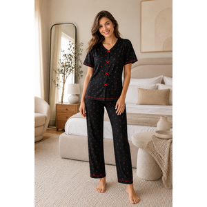 Cozy Cherry Pattern Bow Short-Sleeved <b>Pajama</b> <b>Set</b> <b>Black</b> Breathable Soft Spandex Elastic Waist Customizable ODM Sustainable - Product Image 2
