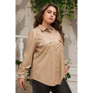 Camisa de piel sintética de visón RMG de talla grande para mujer, blusa con botones de manga larga, tela de mezcla de algodón, top de moda de invierno - Product Image 2