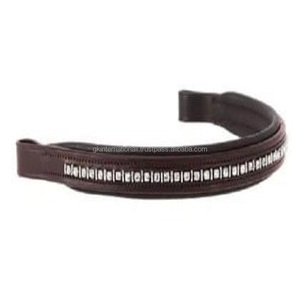 Banda de ceja de caballo de cuero suave y cómoda acolchada marrón de forma recta con cadena de cristales Mega Bling de marca decorativa de 1 fila - Product Image 1