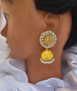 Traditional Meenakari Ethnic Kundan Pearl Hoop Jhumka Indian Pakistani Bridal Earrings Party <b>Favor</b> Bollywood Chinese New Year - Product Image 2