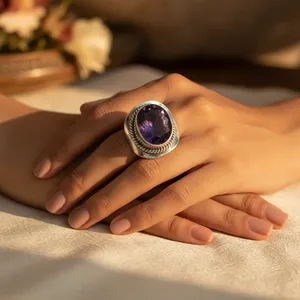 Bague en argent sterling 925 romantique et tendance avec améthyste et incrustation de pierres précieuses naturelles, bijoux de mariage pour femme, certifiée par un tiers - Product Image 1