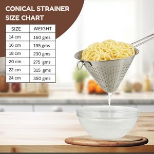 Proveedor al por mayor, colador cónico de acero inoxidable plateado de 14cm con mango de alambre, filtrado eficiente para herramienta de cocina y horneado - Product Image 3