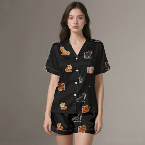 Premium Luxury Digital Printed <b>Silk</b> Satin <b>Pajamas</b> Soft & Breathable Summer Sleepwear Set for Adults (Customizable) - Product Image 1