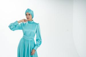 ชุดเดรสอิสลามอบายะห์สลิมฟิตพร้อมผ้าโพกศีรษะสีฟ้าสำหรับผู้หญิงจากผู้ผลิต - Product Image 2