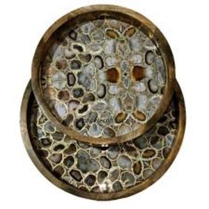 Juego de forma redonda de madera de calidad superior de 2 bandejas para servir con esmalte de diseñador único elegante acabado de proveedor indio - Product Image 3