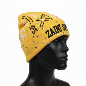 Gorro de gorro Premium para hombre, tejido acrílico elástico cálido, estilo amarillo con tachuelas de diamante, gorro jacquard con logotipo bordado personalizado - Product Image 4