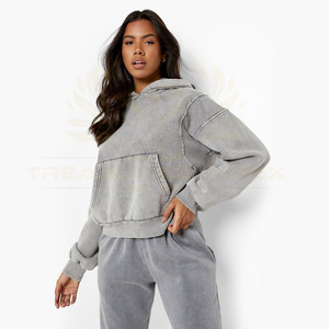 Sudaderas con capucha desgastadas con lavado ácido de doble capa Vintage para mujer, ropa de calle de punto de algodón 100%, cordones con logotipo frontal para invierno - Product Image 4