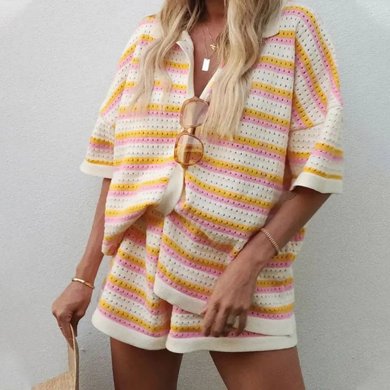 Summer Beach OEM Casual Loose Striped Knitted Hook Hollow Short Sleeve Cardigan Top Shorts 2 Piece Set Women's Sweater