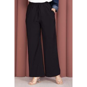For Tencel Casual <b>Trousers</b> Wide Leg Pants with <b>Elastic</b> High-<b>Waist</b> and Pockets Breathable Wrinkled Design Size XL-Black - Product Image 2