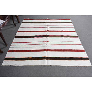 Alfombra de lana roja y blanca moderna, alfombra turca de tejido plano de 5,3x5,7 pies para sala de estar, 9x12, patrón de retales rectangulares, respaldo de látex - Product Image 1