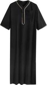 2024 VÊTEMENTS ISLAMIQUES DE HAUTE QUALITÉ NOIR À MANCHES COURTES THOBE HOMMES MUSULME MAROCAIN THOBE FABRIQUE SAOUDI IRAK ABAYA THOBE DERNIÈRE - Product Image 2