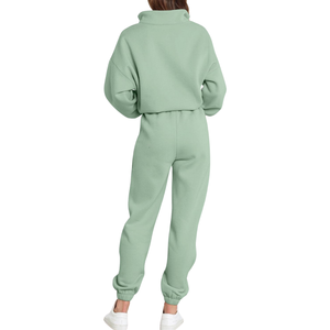 Bas prix 100% coton femmes survêtements personnalisé goutte épaule demi fermeture éclair sweat coupe décontractée pantalons de survêtement ensembles - Product Image 2