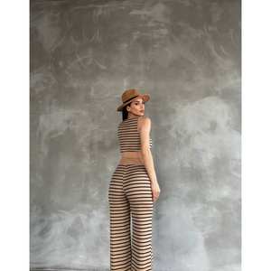 Pantalones a rayas de cintura alta con cintura elástica, pantalones informales transpirables de pierna ancha - Product Image 1