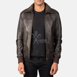 Blouson aviateur en cuir marron unisexe classique authentique à fermeture éclair, style décontracté streetwear, vêtement d'extérieur en toile personnalisé - Product Image 1