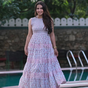 Maxi vestido de estilo tradicional de alta calidad para mujer, estampado Floral, estampado de bloques, abrigo de lino, algodón, informal, Midi Fit, corto acampanado - Product Image 1