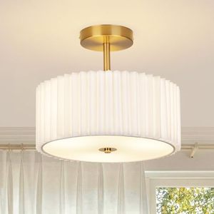 Modern Semi-Flush Mount Ceiling <b>Light</b> White Pleated Paper Shade Gold Brass Base 12.5 Inch Drum Shape Surface Mounted - Product Image 1