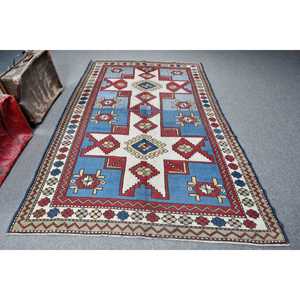 Alfombra Vintage, Alfombra Turca Grande de 5.3x8.4 pies, Alfombra de Lana Roja y Azul Estilo Suroeste - Product Image 1