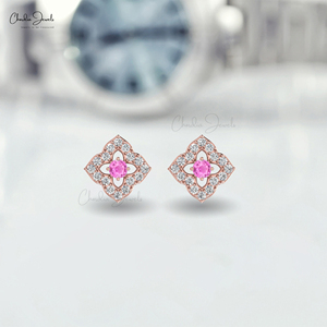 Boucles d'oreilles Femme Mode 2025 Saphir Rose Halo Diamant Stud Or Massif 14k Rond 2mm Gemstone Floral Studs Direct Factory Price - Product Image 1