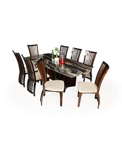 Italian Art 8 Seater Marble Dining <b>Table</b> Set | Dark Walnut Solid Wood Chairs | Luxury Family Dining Room Furniture Set - Product Image 1