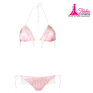 Bikini de cuentas hecho a mano de 1 pieza con aros y escote en V profundo Spandex/Material de nailon elástico y transpirable ecológico - Product Image 1
