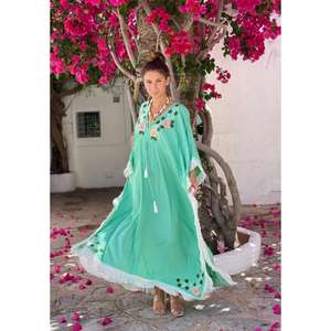 2025 Turquoise V-Neck Embroidery Long Kaftan Maxi <b>Dress</b> for Women Summer Beach Lace Floor-Length Rayon <b>Bohemian</b> Kaftan - Product Image 1