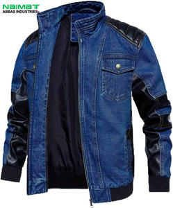 Veste en jean pour homme avec empiècements contrastés en simili cuir, coupe slim décontractée, fermeture éclair intégrale, manches longues, veste bomber - Product Image 1