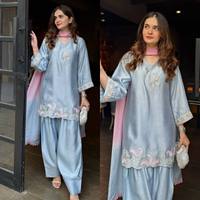 Traje de 3 Piezas TENNECY Silk Farshi Salwar Kameez, Cosido, Sin Arrugas, Elástico, Azul, Bordado, Estilo Fiesta, Boda, Diwali