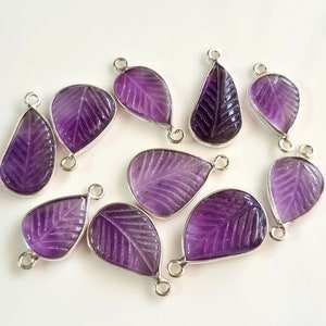 Pendentif en argent 925 améthyste pourpre époustouflant en forme de feuille sculptée réglage de lunette à double boucle pendentif connecteur élégant - Product Image 2