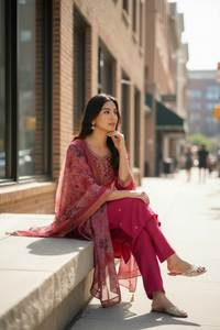 Excellent High Quality Pure Viscose Chanderi Silk Fabric Floral Printed Knee Length <b>Kurti</b>& Pent With Dupatta Set At Lower Rate - Product Image 4