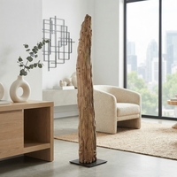 Sculpture sur pied en bois sculpté à la main, style rustique, en teck, grande statue totem en colonne, avec base en métal, pièce décorative d'appoint pour présentation