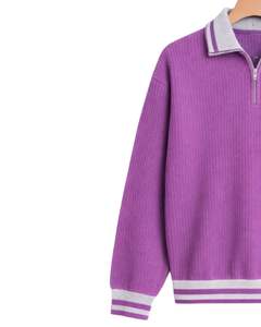 Manufacturer <b>Mens</b> Quarter Zip Knit <b>Sweater</b> Purple Solid Textured Knit Contrast Rib Hem Warm Winter Casual Pullover OEM Custom - Product Image 3