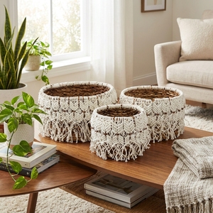 Ensemble de paniers de rangement en macramé à franges en écorce de bananier naturelle, couleur crème, style bohème, pour plantes rondes, organisateur de décoration, design artistique pur - Product Image 6