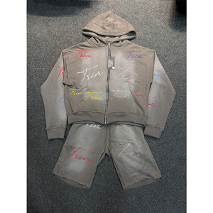 Custom Cotton Fleece Full Zip up <b>Rhinestone</b> Casual Men's Hoodie & Shorts Set Autumn Quick Dry High Quality Wholesale - Product Image 2