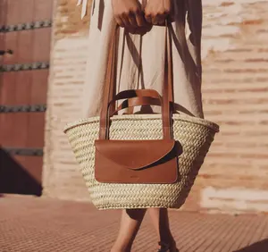 세련된 모로코 밀짚 가죽 바구니 보헤미안 시장 밀짚 가방 팜 바구니 여성 밀짚 가방 매일 운반 가방