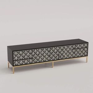 Console TV noire de style marocain moderne Support élégant en incrustation d'os pour le salon - Product Image 3